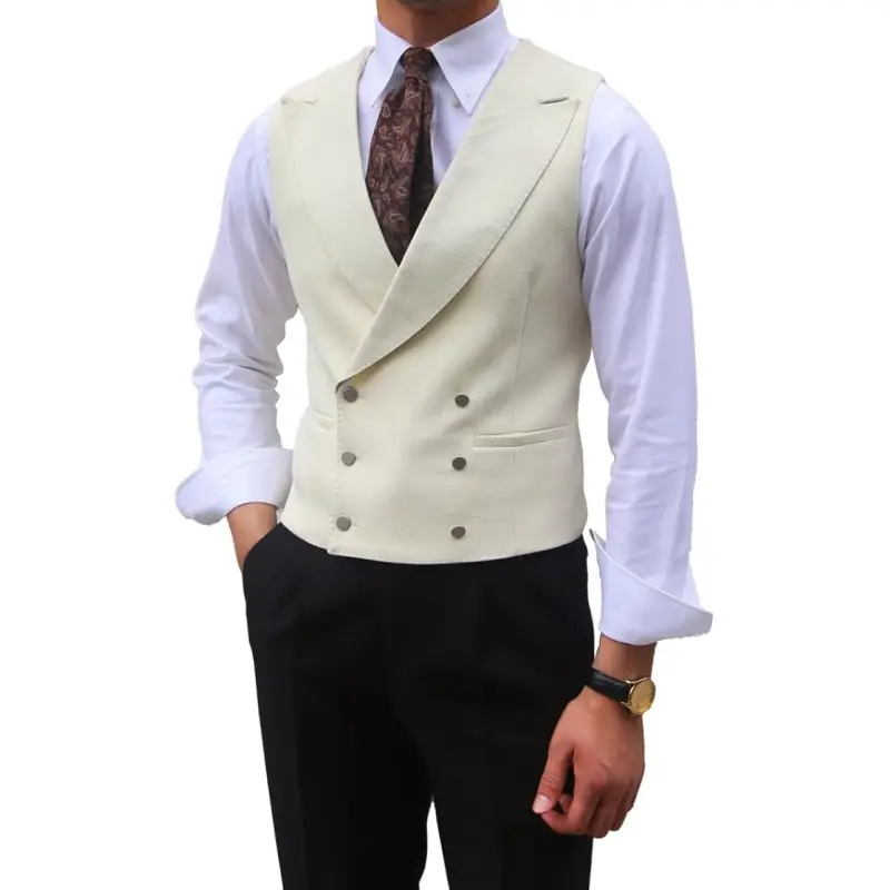 Men's Double Breasted Suit Vest Vintage Elegant  Slim Fit Dress Gilet Wool Blend