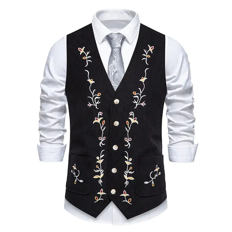 Corduroy Vest For Men Waistcoat Floral Embroidery Chaleco Vintage Dress Men Suit Vest