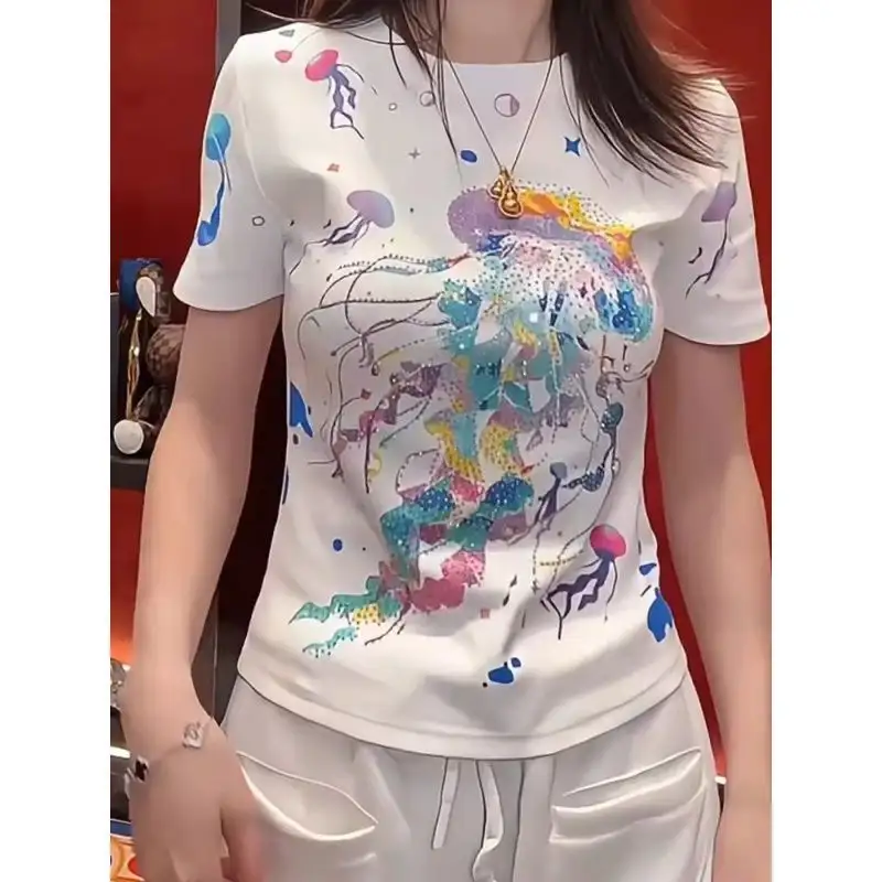 Print Rhinestone Short Sleeve T-Shirt Women Slim Fit