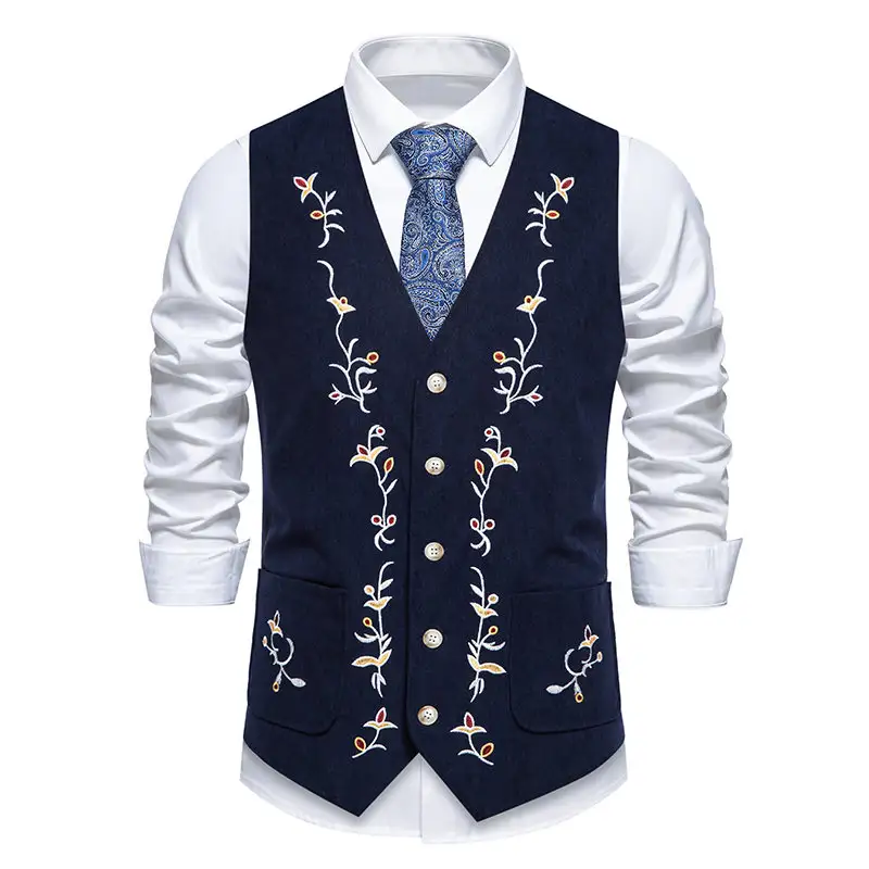 Corduroy Vest For Men Waistcoat Floral Embroidery Chaleco Vintage Dress Men Suit Vest