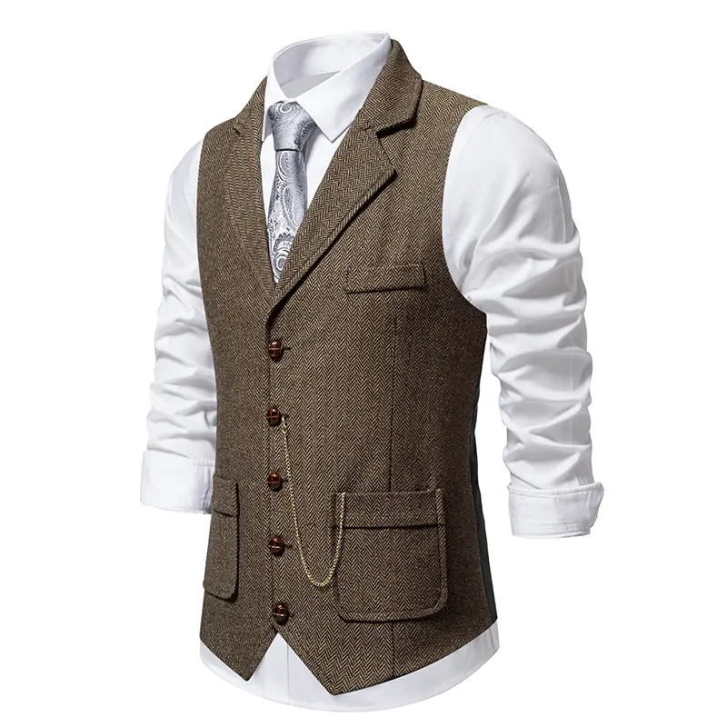 Men's Retro Lapel Chain Vest Fashion Herringbone Coarse Tweed Pockets Suit Vest British Casual Vintage Gentleman Leisure