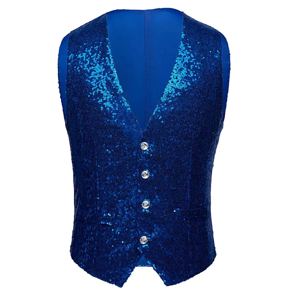 Men’s Fashion Sequin Blazer Vest V-Neck Shimmer Glitter Sparkling Suit Waistcoat