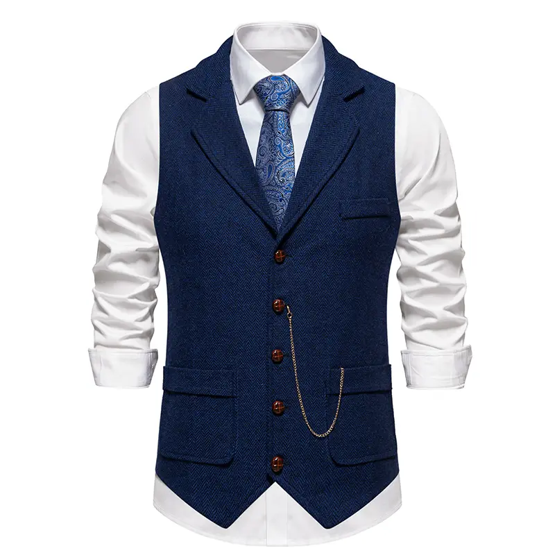 Men's Retro Lapel Chain Vest Fashion Herringbone Coarse Tweed Pockets Suit Vest British Casual Vintage Gentleman Leisure