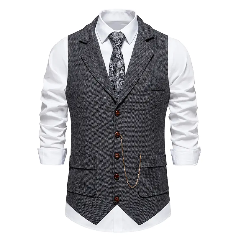 Men's Retro Lapel Chain Vest Fashion Herringbone Coarse Tweed Pockets Suit Vest British Casual Vintage Gentleman Leisure