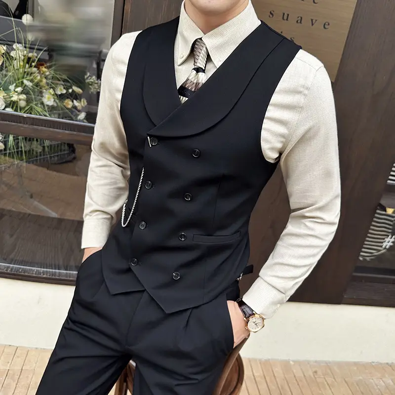Double Breasted Suit Vest Men Business Formal Slee...