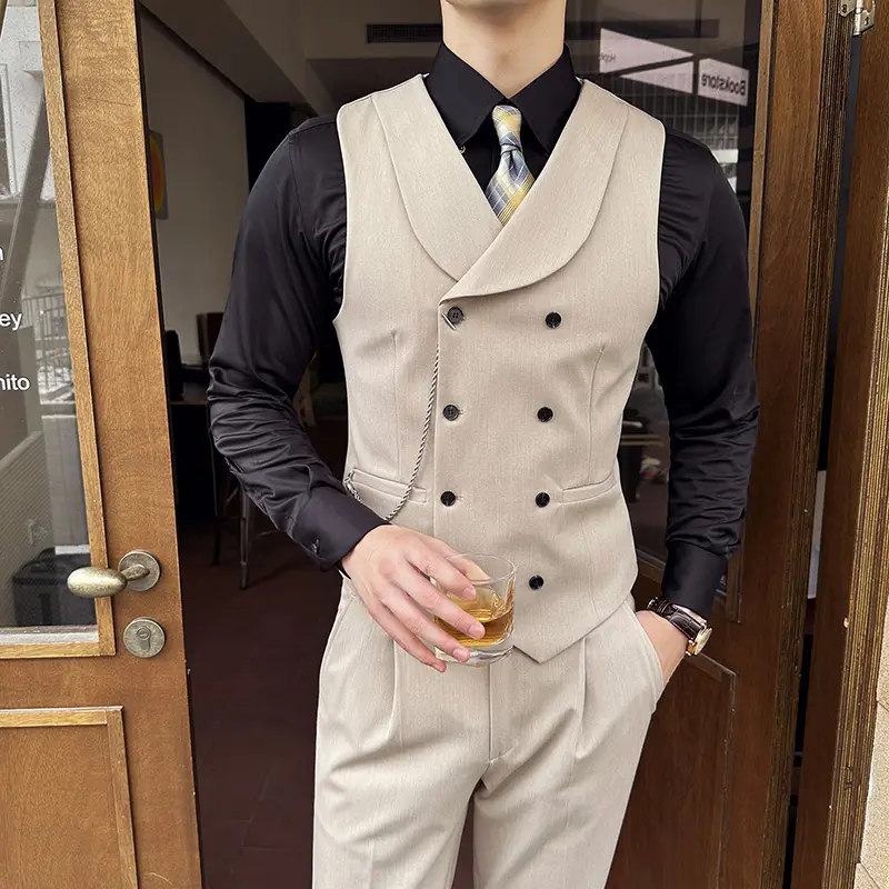 Double Breasted Suit Vest Men Business Formal Sleeveless Vest Slim Fit Waistcoat