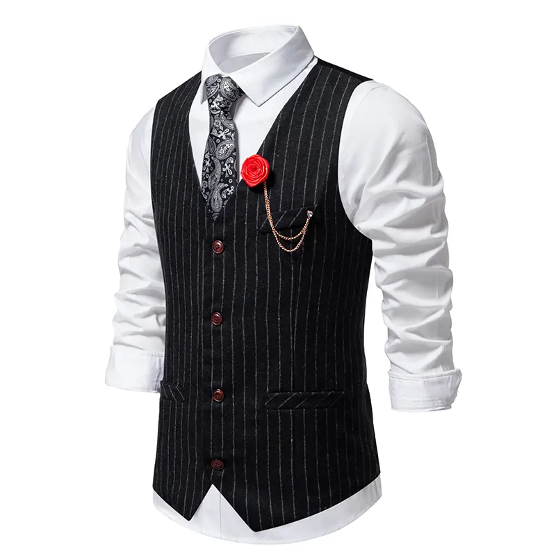 Men's Retro Tweed Vest Fashion Striped Dress Suit Vest Male Casual Vintage Gentleman Waistcoat