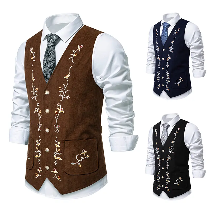 Corduroy Vest For Men Waistcoat Floral Embroidery ...