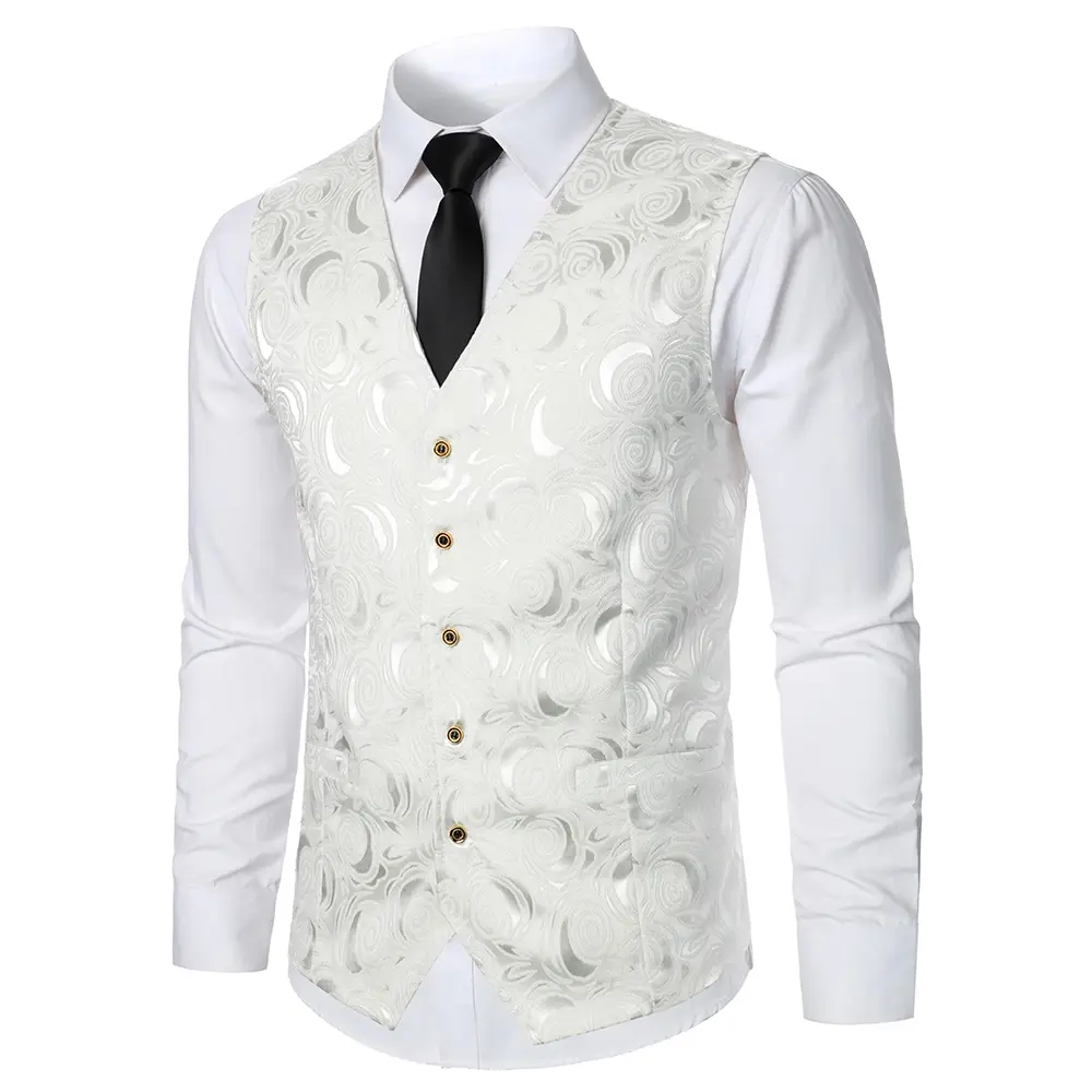 Men Suit Vest Coat Roses Pattern Bright Jacquard Fabric Casual Fashion Slim Fit Banquet Men Suit Vest Coat