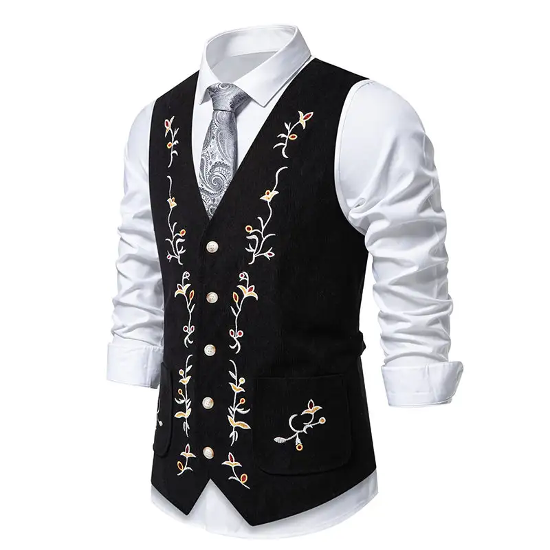 Corduroy Vest For Men Waistcoat Floral Embroidery Chaleco Vintage Dress Men Suit Vest