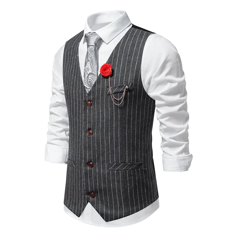 Men's Retro Tweed Vest Fashion Striped Dress Suit Vest Male Casual Vintage Gentleman Waistcoat