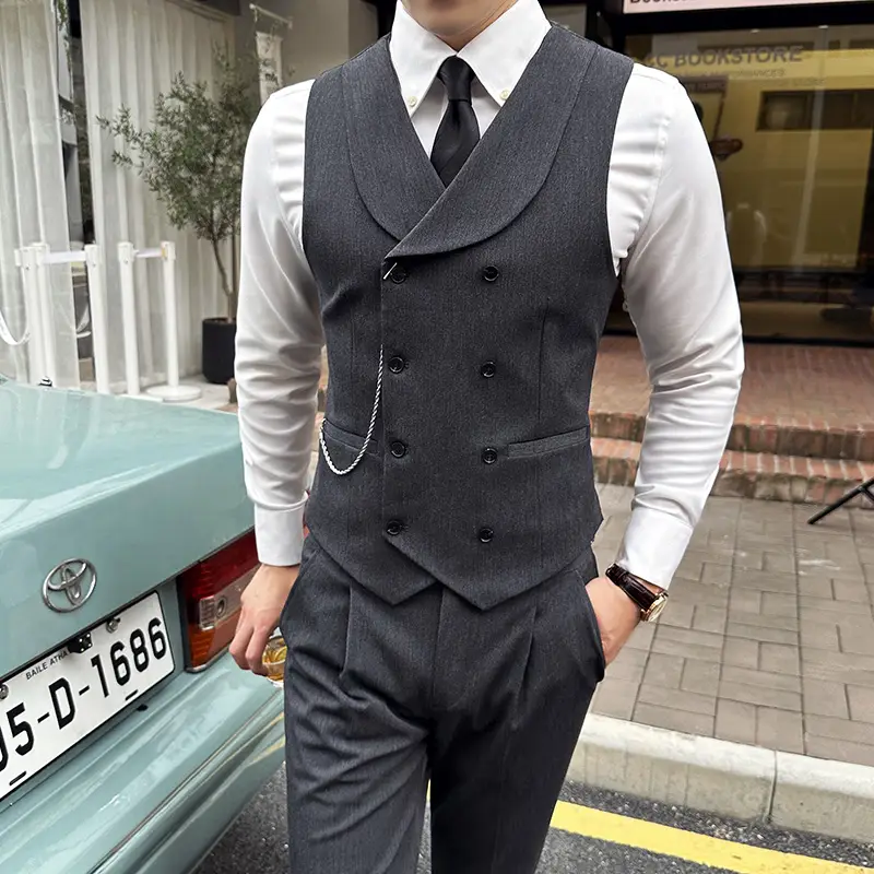 Double Breasted Suit Vest Men Business Formal Sleeveless Vest Slim Fit Waistcoat