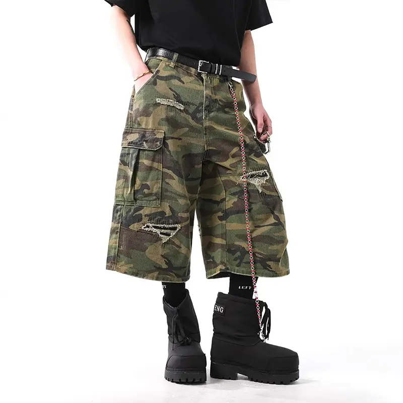 Men's Distressed Camouflage Print Denim Shorts With Multiple Pockets