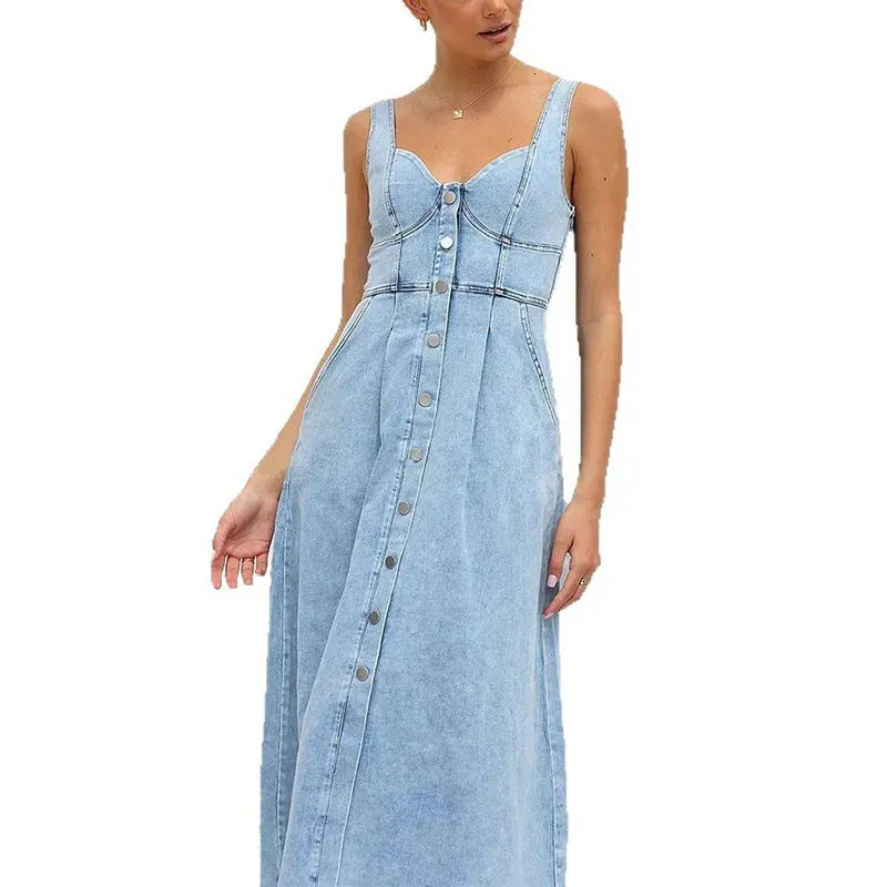 Vintage Washed Suspender Large Wing Women Denim Dress Sleeveless Single-breasted V-neck Skirts With Packet Casual Jeans Dress