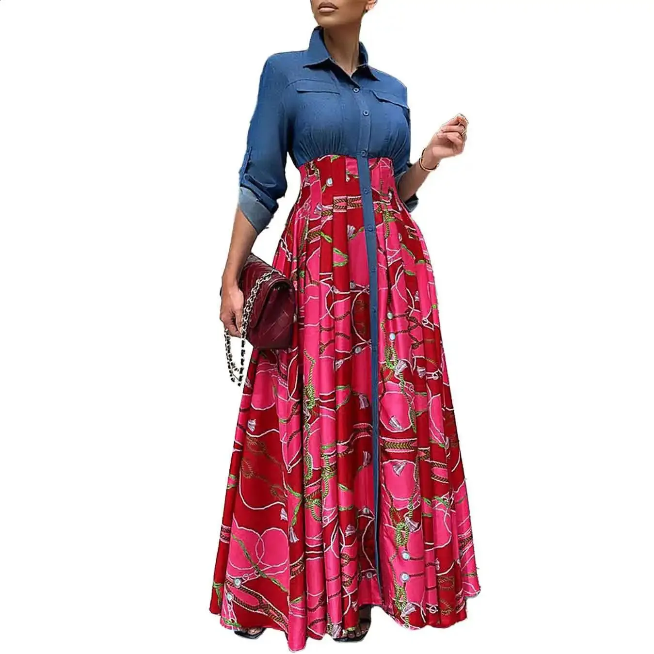 Printed Button Down Shirt Maxi Dress Women Denim Patchwork Long Sleeve Ruched Party Evening Long Dresses