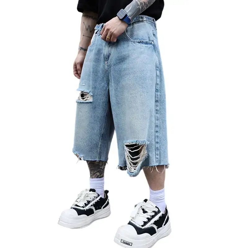 Men's Blue Denim Shorts, Vintage American-Style Casual Denim Shorts