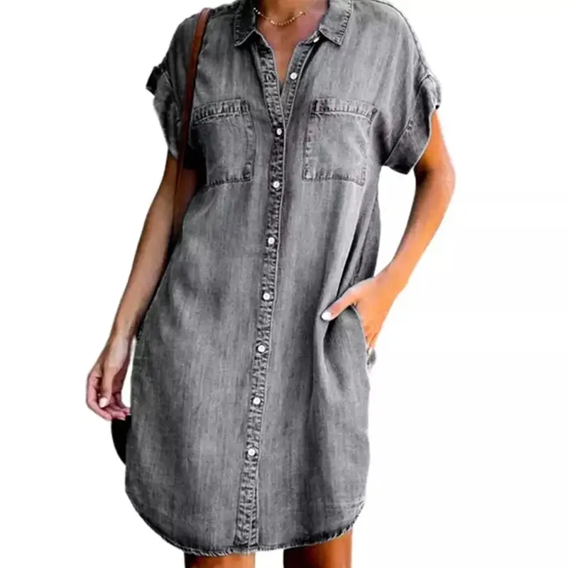 Women Denim Dress Short Sleeves casual Loose Dresses Solid Party Denim Dresses Shirt Dress
