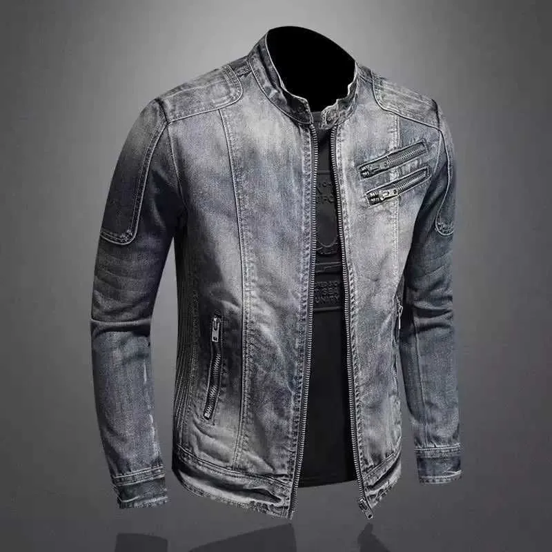 Stand Collar Biker Denim Jacket Retro Sports Style Men’s Casual Outerwear