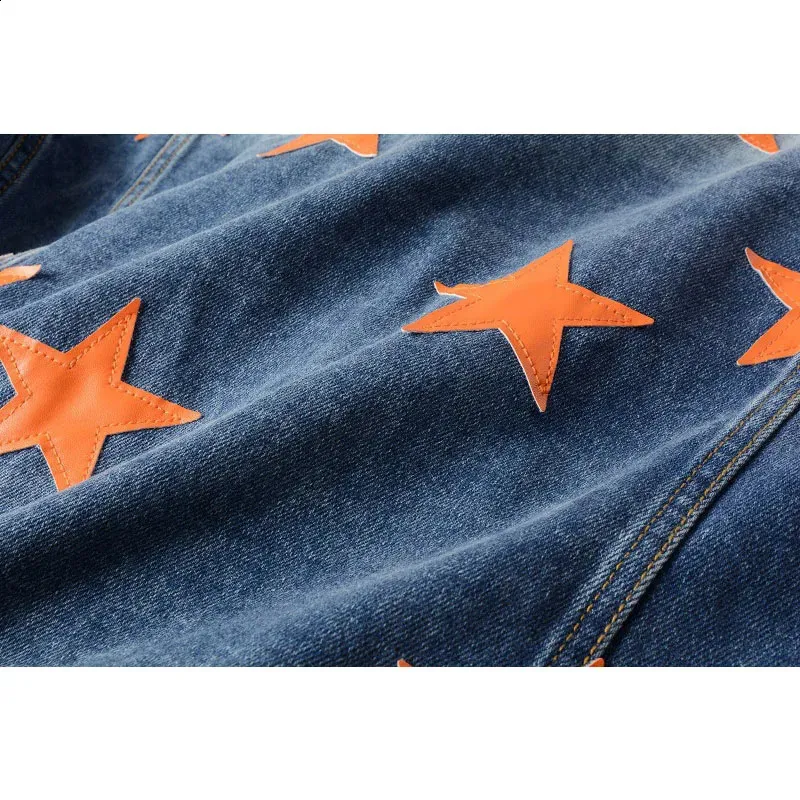 Men’s Distressed Vintage Denim Jackets With Leather Star Patches Ripped Slim Fit Frayed Patchwork Jeans Coat
