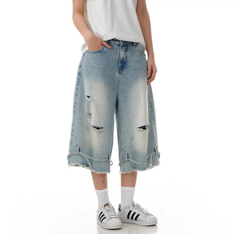 Men's Denim Shorts, Distressed Design With Washed-Out Look, Drawstring Waist, Loose Fit, Stylish And Casual Style.