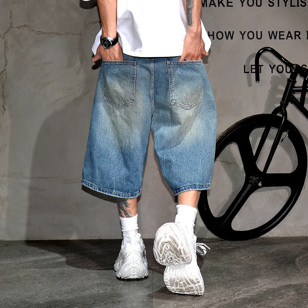 Men's Denim Shorts, Made Of Thick Fabric, Korean Style, Loose Fit, Trendy Streetwear Design.