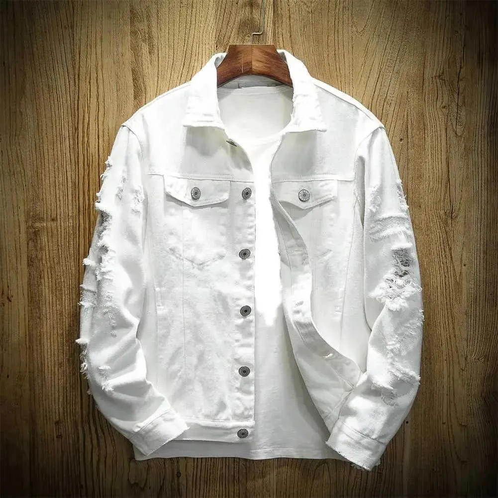 Men’s Ripped Hole Washed Denim Jacket Men’s Jean Coat Casual Outerwear