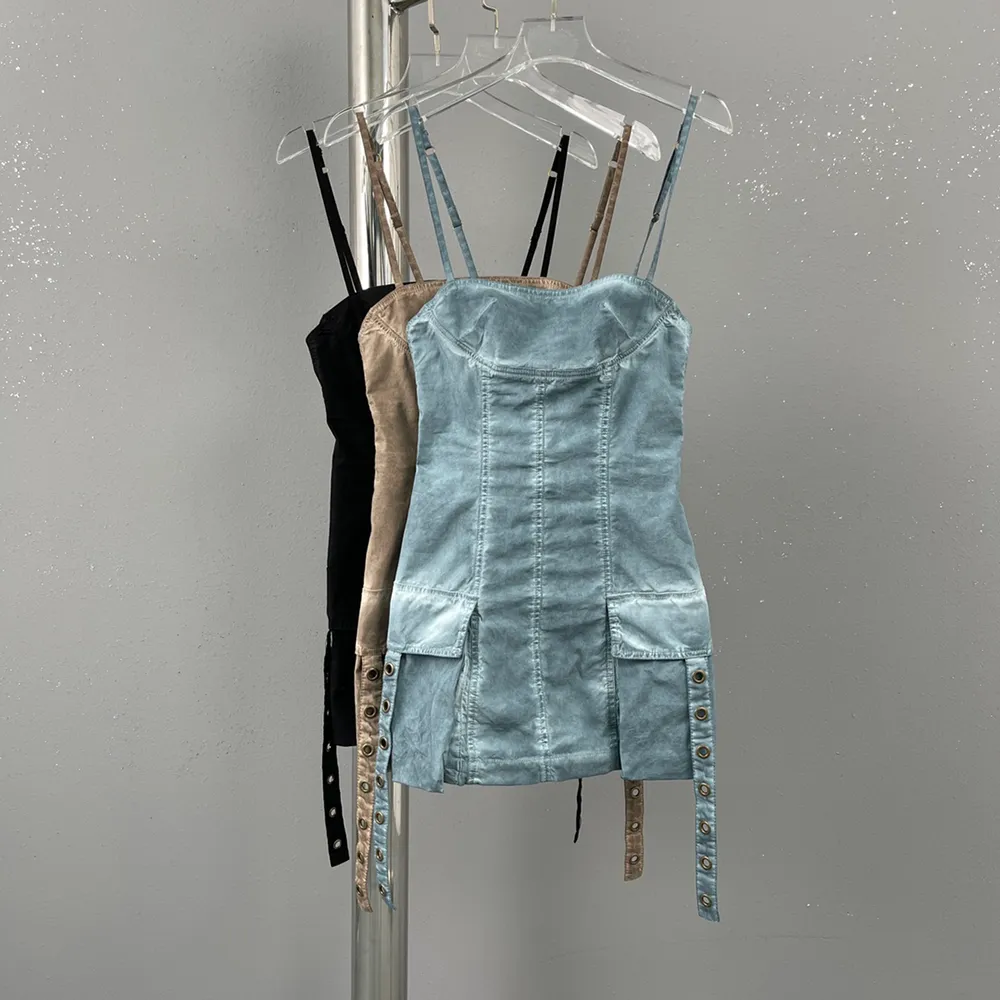 Sleeveless Women's Dress Denim Flutter Elegant Commuter Halter Dress