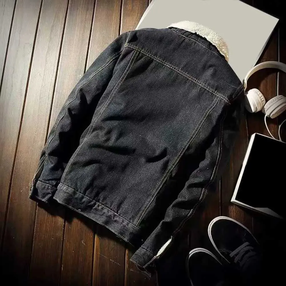 Men’s Thick Denim Jacket With Cashmere Lining Cold-Proof Single Layer Streetwear