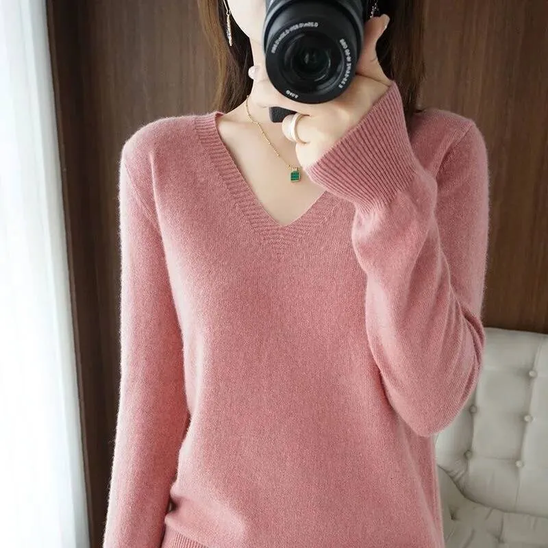 Women’s Slim V-Neck Solid Knit Base Jumper Soft Sweater