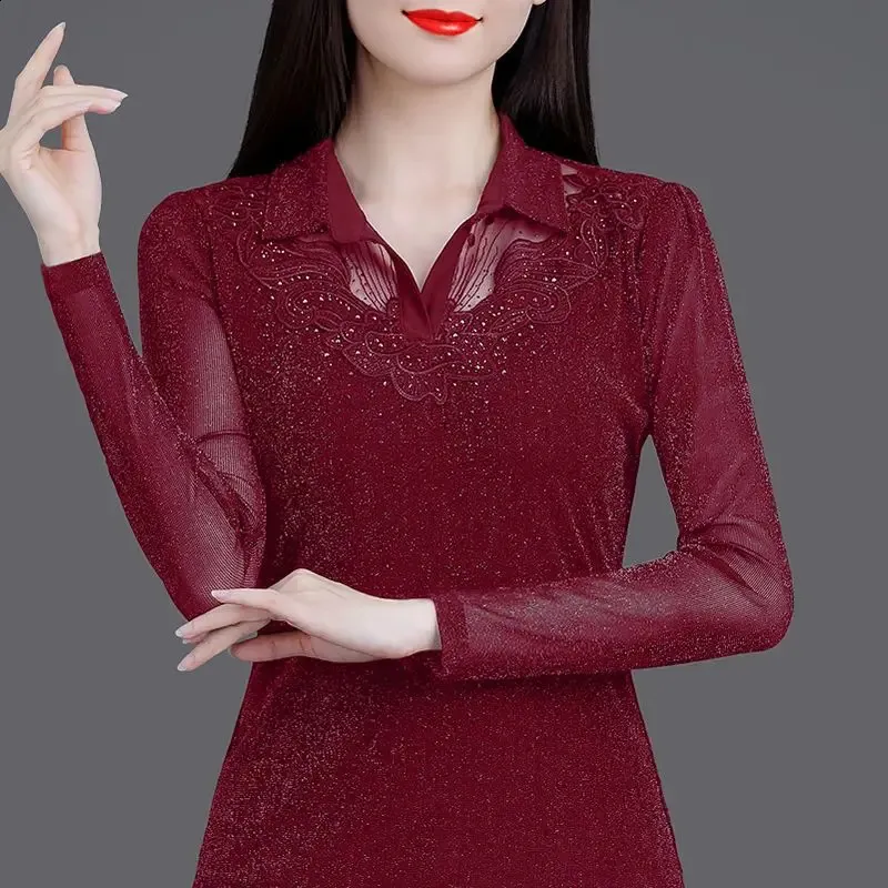 Elegant Sheer Mesh Patchwork Lightweight Long Sleeve Solid Vintage-Inspired Top