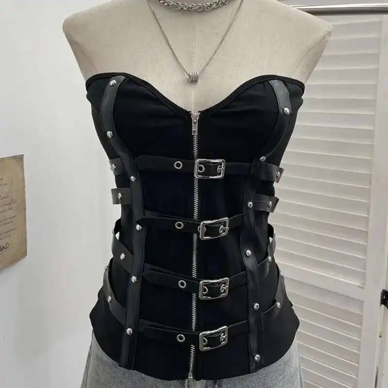 Leather Body-Shaping Vest, Strapless, Short Length, Slimming Design, Solid Color