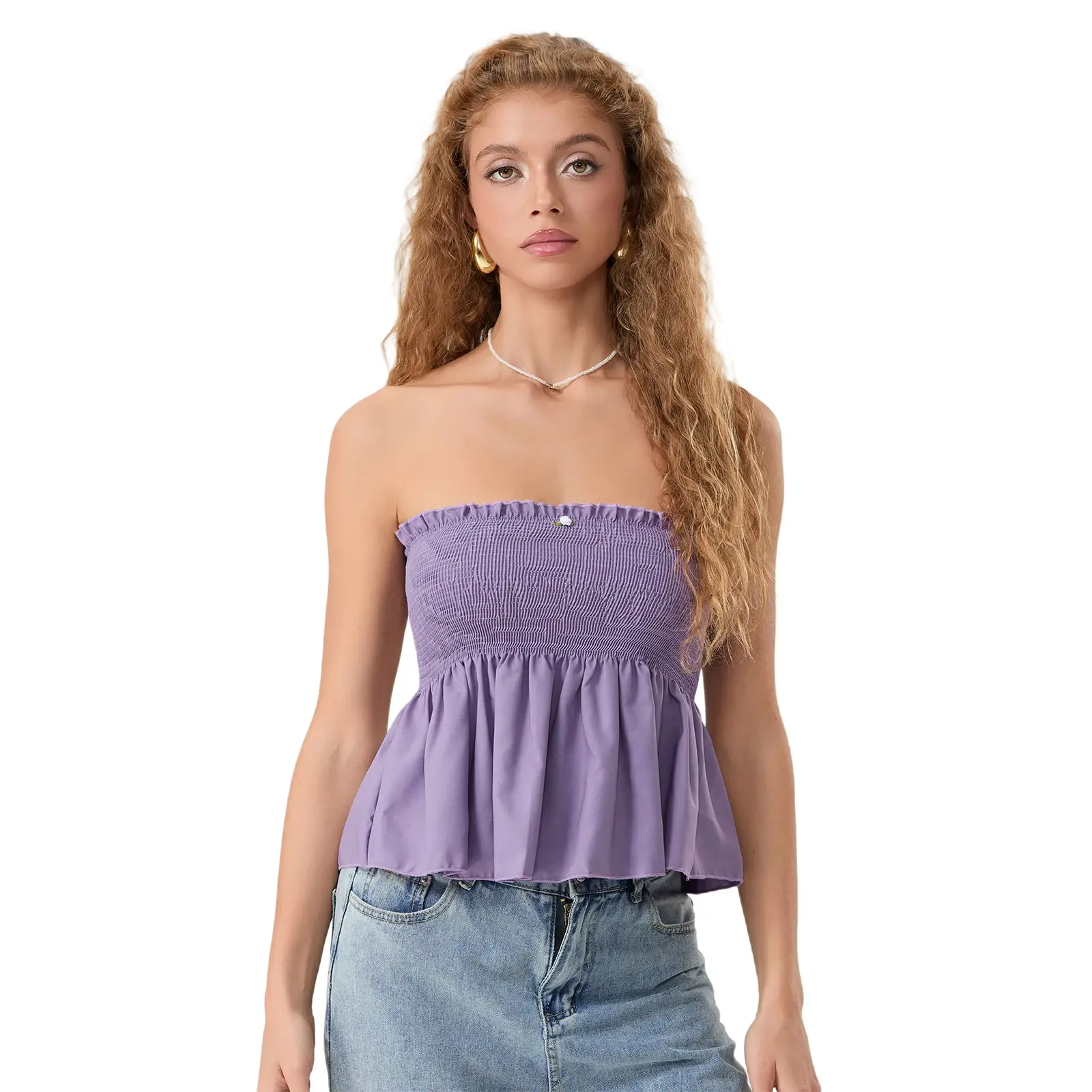 This Top Features A Loose, Flowing Design With Pleats; It Is Sleeveless And Strapless.