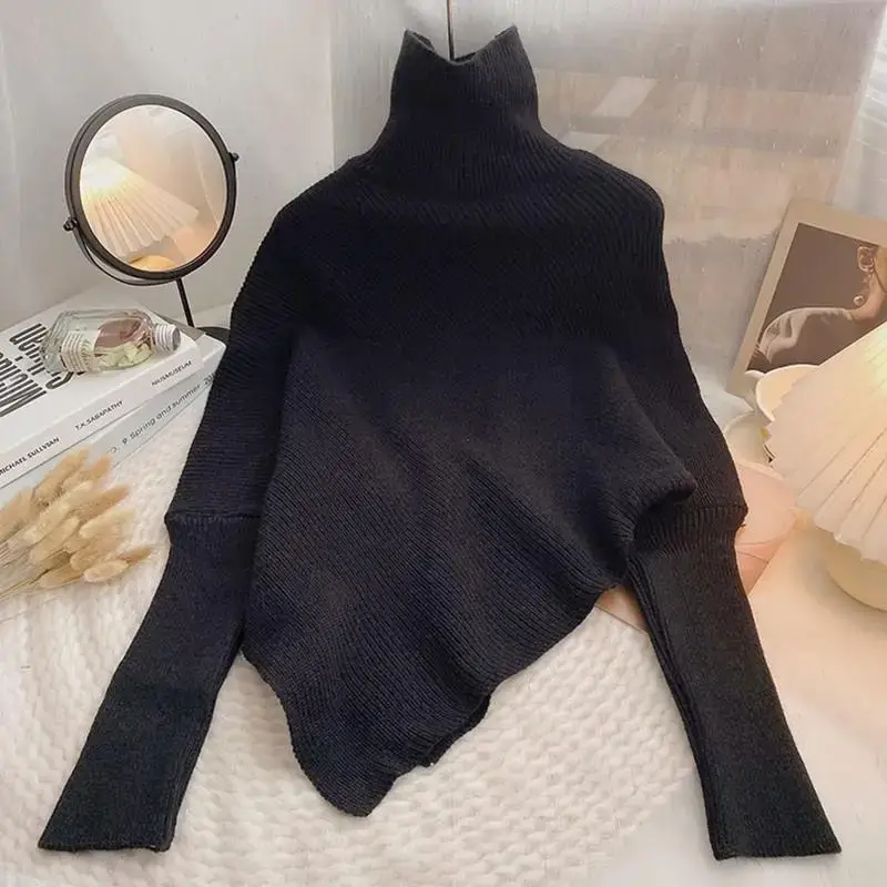 Women’s Vintage Style Loose Irregular High-Neck Knit Sweater Long Sleeve