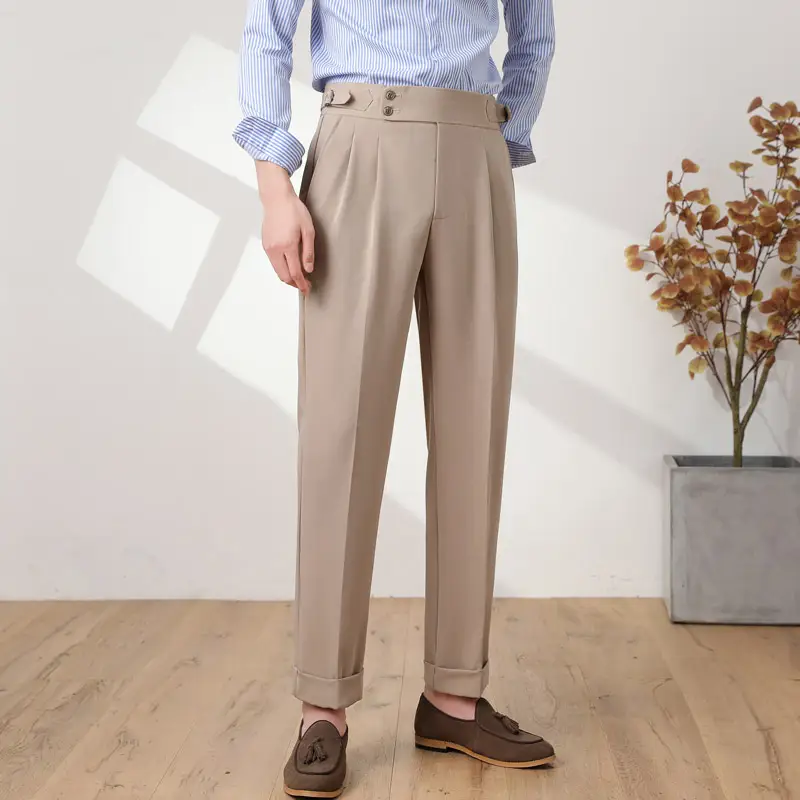 Men High Waist Suit Pants Fashion Slim Fit Business Formal Office Social Wedding Trousers