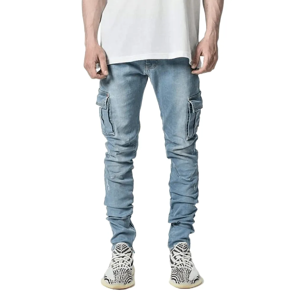 Men's Jeans Streetwear Ripped Skinny Men Side Mulit Pockets Denim Cargo Pants Slim Fit Pantalones Soft Elastic Joggers