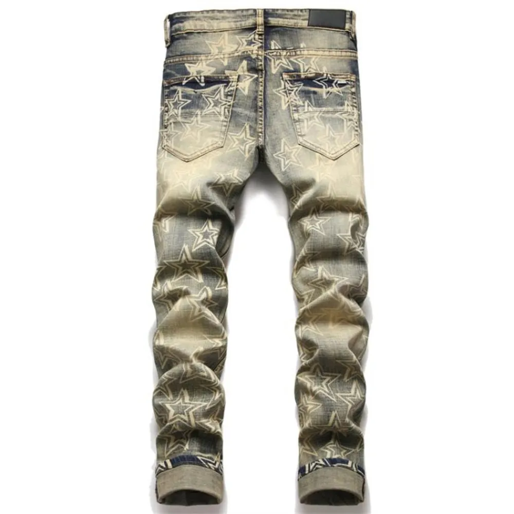Men Jeans With Knee Hole Zipper Small Leg Pants Denim Pants Durable Stretchy