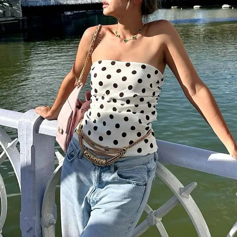 Women's Sexy Sleeveless Vest, Stylish Polka Dot Print, Pleated Design, Flattering And Slimming Fit