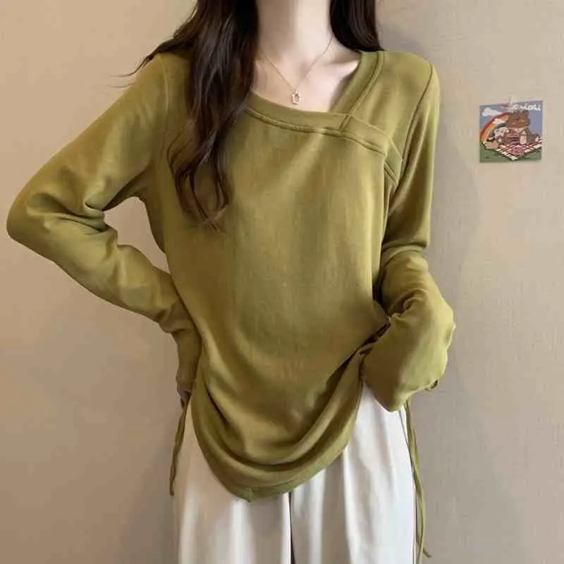 Women’s Irregular Drawstring Long Sleeve Base Layer Loose Slim Shoulder Fit