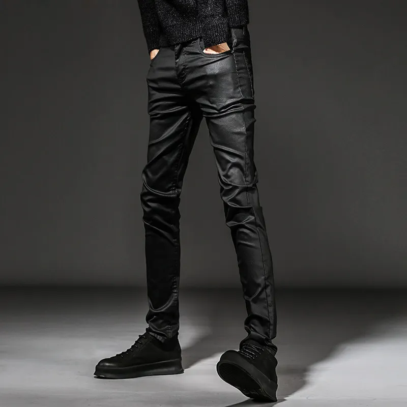 Men Coated Jeans Cool Waxed Slim Fit Biker Denim Pants