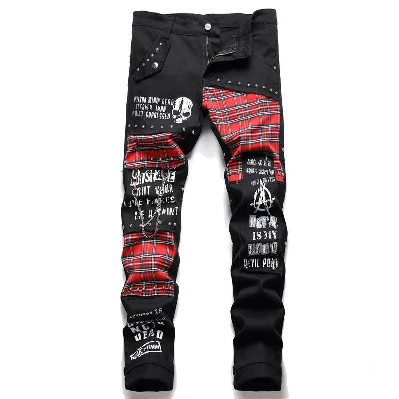 Men Jeanstartan Patchwork Punk Rivet Patch Black D...