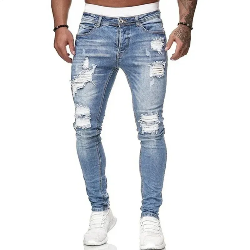 Men Streetwear Ripped Skinny Jeans Men Vintage Wash Solid Denim Trouser Men Casual Slim Fit Pencil Denim Pants