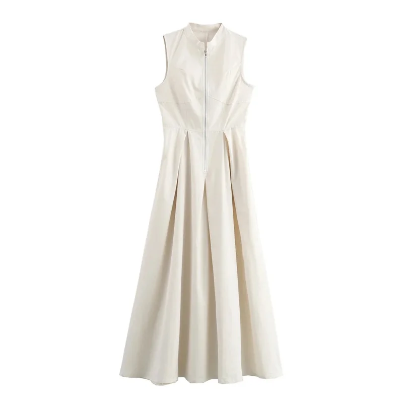 Zipper Long Dress Woman Pleated Sleeveless Dress Elegant Party Dresses For Women