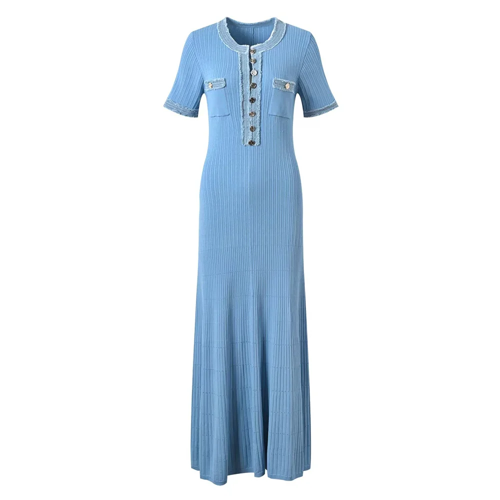 Women Maxi Dress Chic O-neck Short Sleeve Metal Buttons Bodycon Dresses