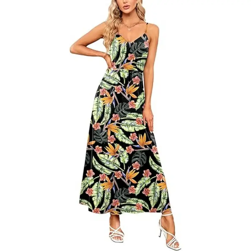 Women's Casual Sleeveless V-Neck Strap Pockets Beach Casual Maxi Dress