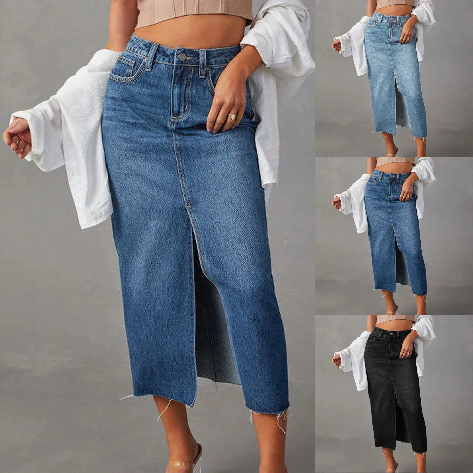 Midi Skirts Vintage For Women Jeans Skirt High Waisted Denim Front Slit
