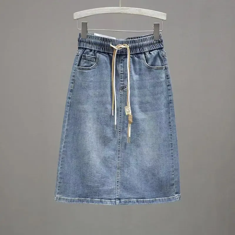 Woman Denim Skirt With Slit Jeans Skirts For Women Midi To Knees Length Kawaii Pocket Zipper Chubby Cute Modest Stylish