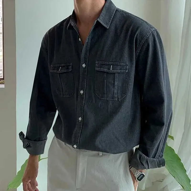 Men's Denim Shirt Fashionable Long Sleeve Men's Retro Solid Color Button Denim Cardigan