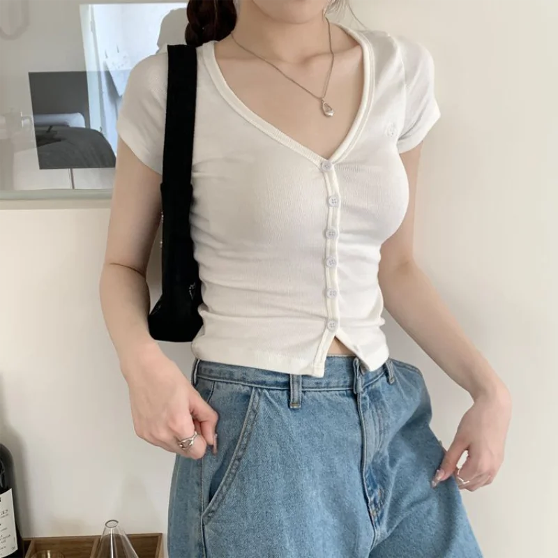 Deep V Neck Buttoned Short ...