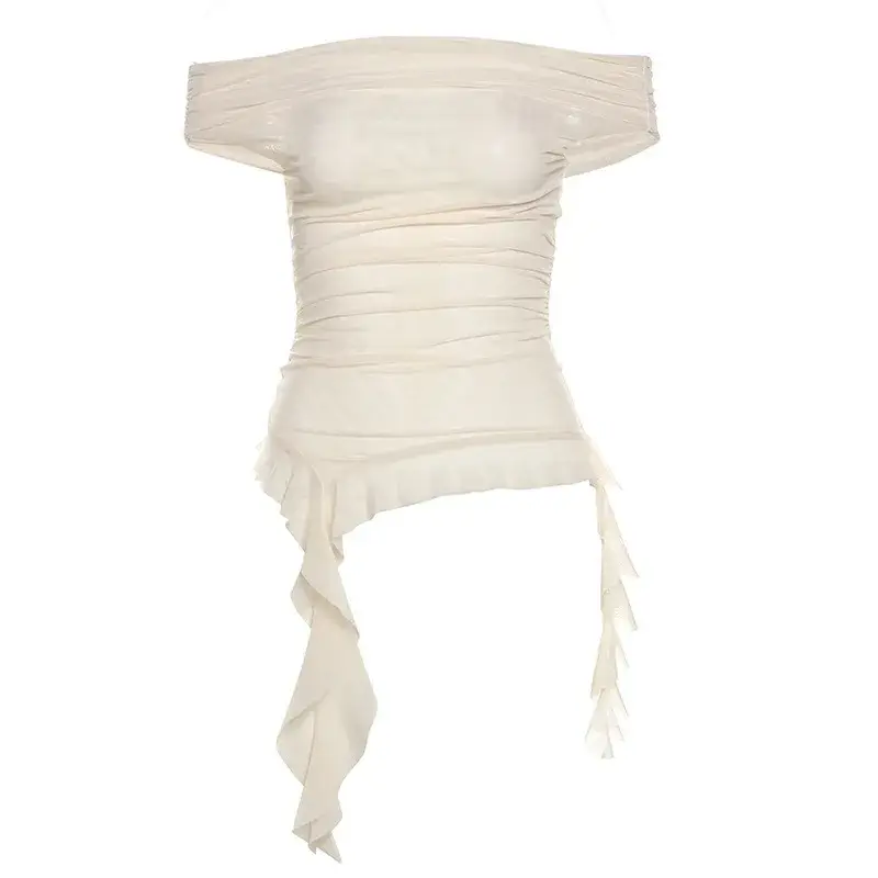 Trendy Slant Collar Slim Fit T-Shirt Irregular Ruffled Cropped Top