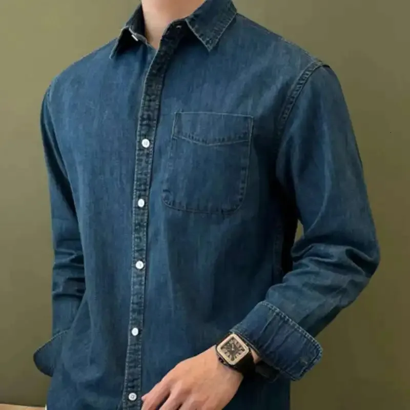 Lapel Collar Cotton Denim Shirt Long Sleeve Retro British Versatile Casual Man